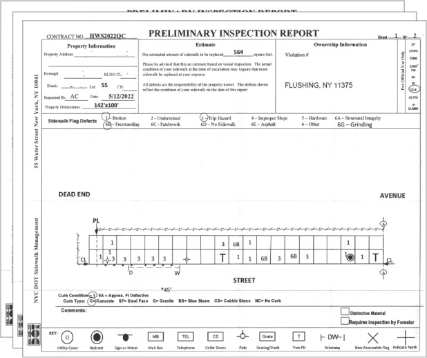 Example NYC sidewalk violation form